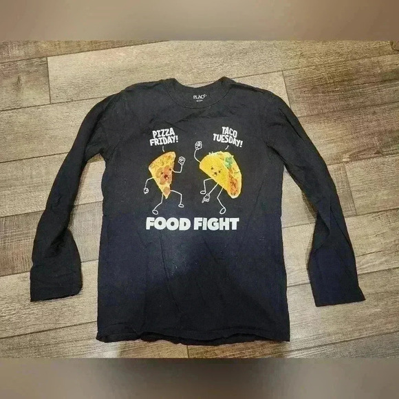 Children's Place Boys XL 14 Long Sleeve Tee Black "Food Fight" Cute! Pizza Taco - Picture 1 of 6